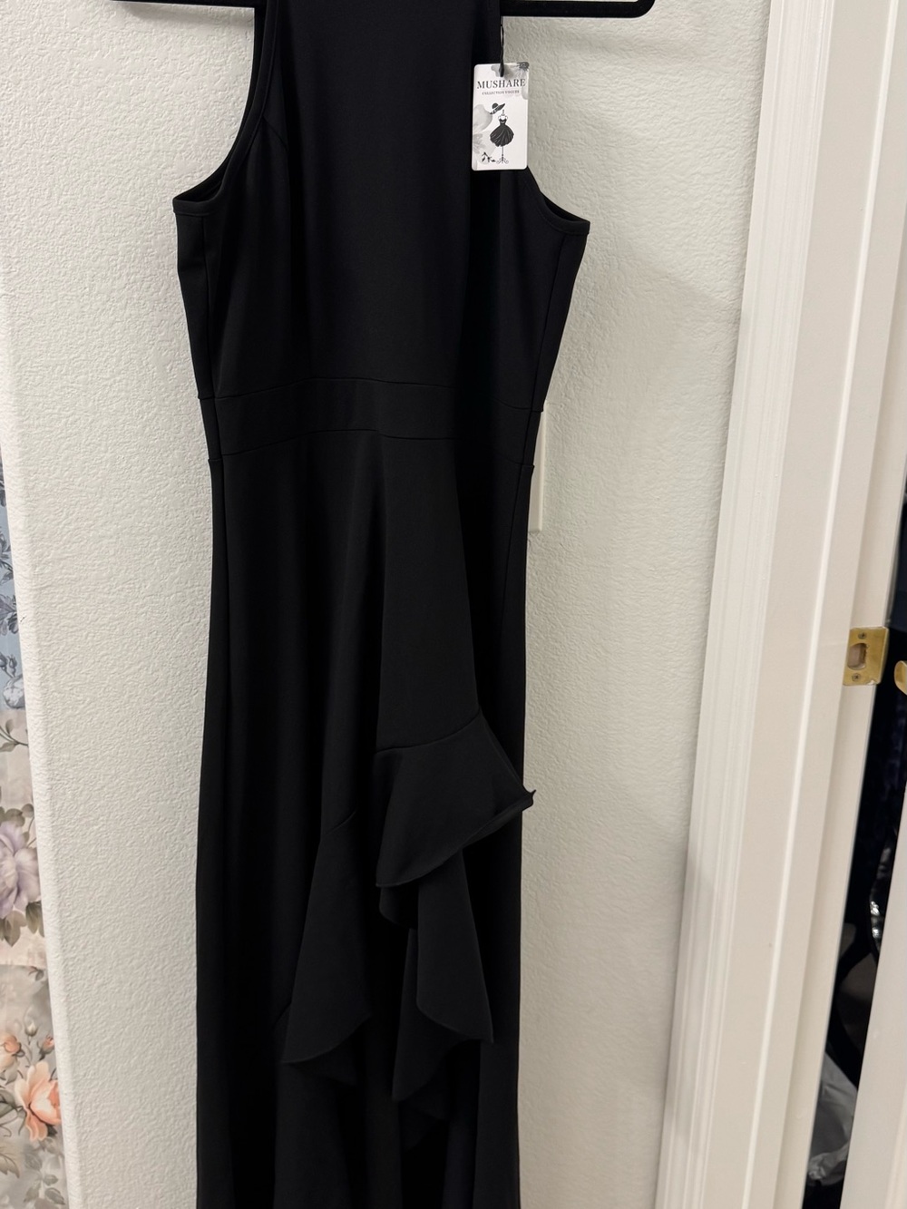 NWT Black Halter Dress Women’s Large High Low Ruffles old money formal